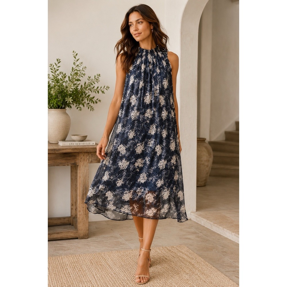 Joie Floral Midi Dress Women XL Blue Ivory Smocked‎ Sleeveless Sheer Overlay